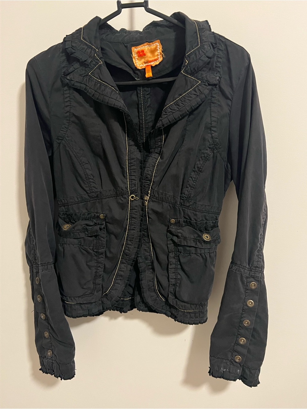 Twill Twenty Two Women’s Black Ruffle Y2K Boho Military Statement Jacket Small